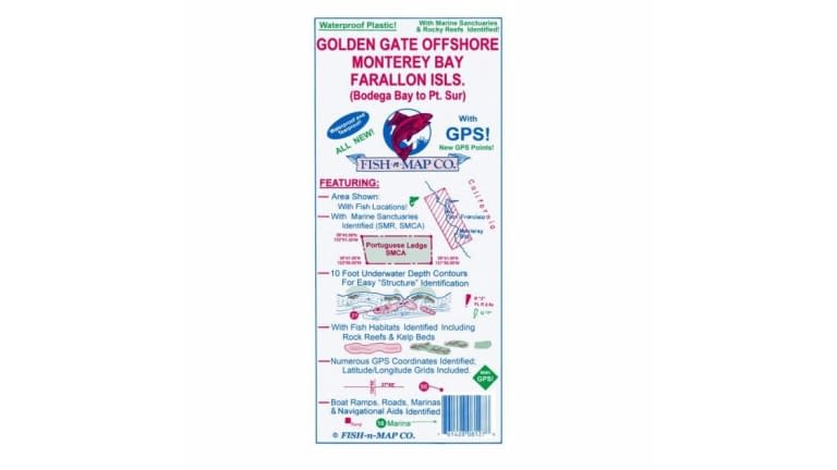 FISH N' MAP WATERPROOF MAP Golden Gate, Monterey Bay and Farallons.  Bodega to Pt.Sur