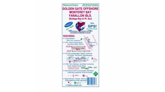 FISH N' MAP WATERPROOF MAP Golden Gate, Monterey Bay and Farallons.  Bodega to Pt.Sur